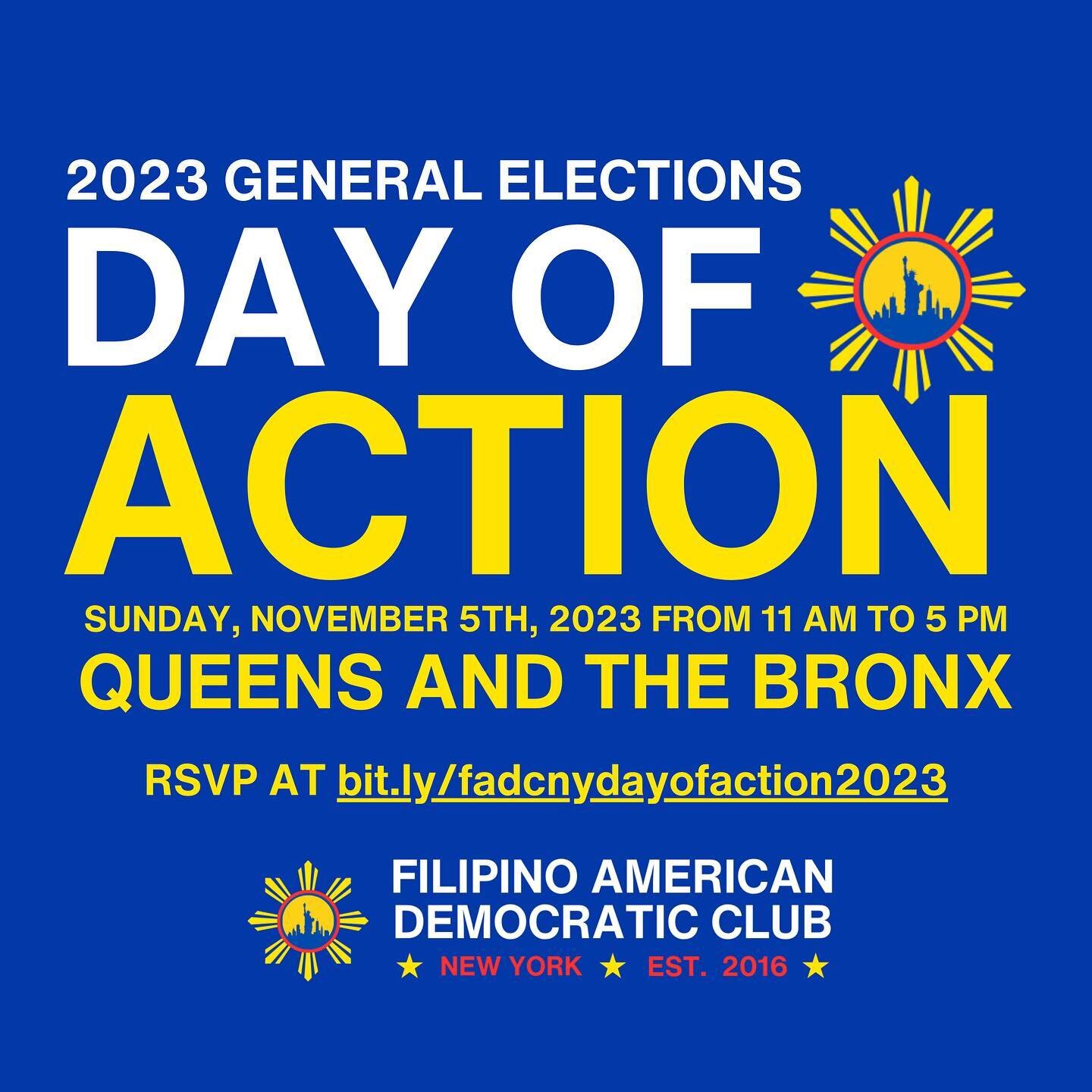 📣 FILAM DEMS' FIRST DAY OF ACTION! 🗽

Early voting started this past weekend, and our Day of Action on Sunday, Nov 5 is our chance to make a mark! With several competitive City Council, let's rally together and show our strength 💙.

📅 Sunday, Nov