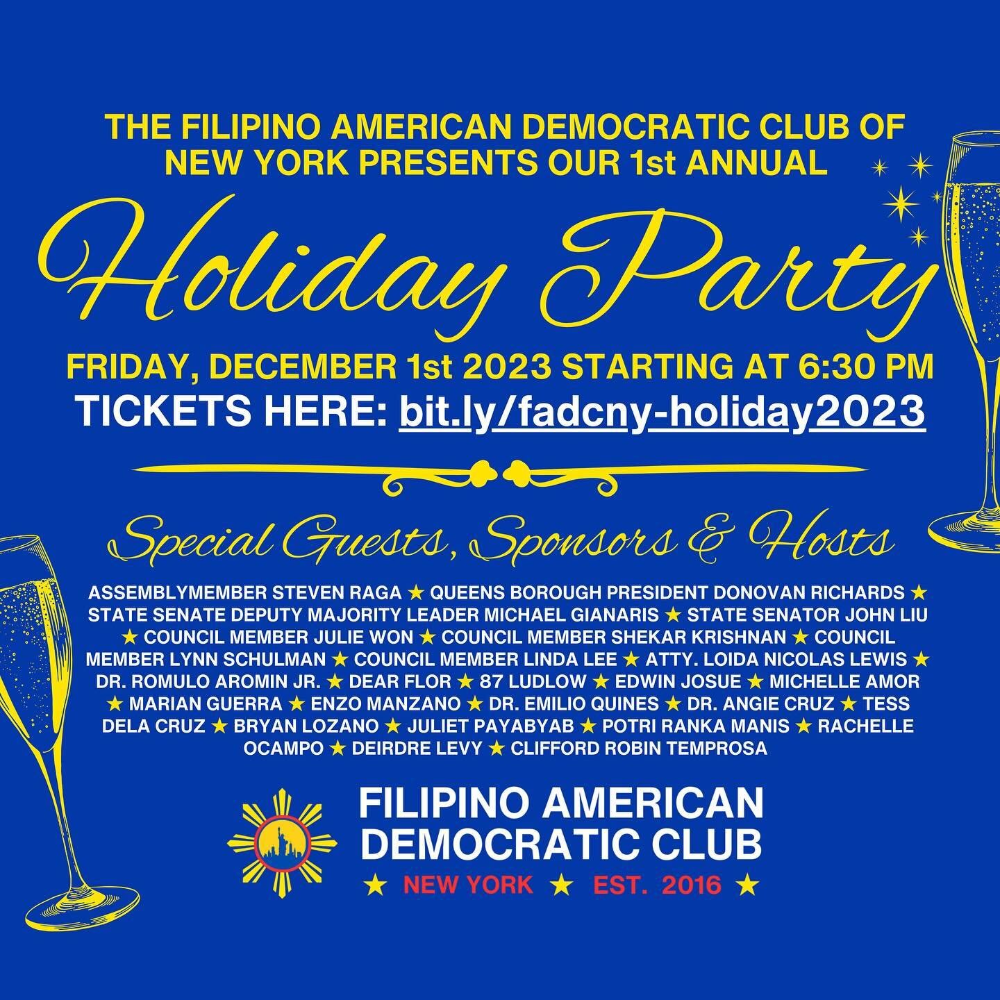 Join the #FilAmDems for our 1st Annual Holiday Party TOMORROW Friday, December 1st, 2023, starting at 6:30 PM! 🥂

Celebrate with us in an evening filled with joy and community spirit, hosted by special guests, sponsors, hosts, and our DJ 🎶🕺🏻 for 