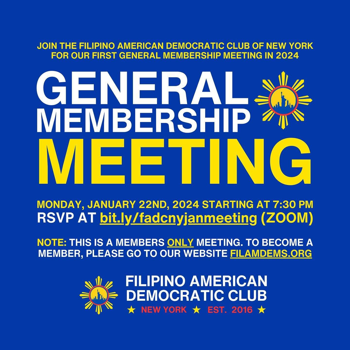 Happy New Year 2024! 🥳

Mark your calendars 🗓️ for our club's first members-only meeting 👥 on Monday, January 22nd, 2024 starting at 7:30 PM via Zoom. 

RSVP by filling out the form: bit.ly/fadcnyjanmeeting. ✍🏼

Not a member yet? Become one today