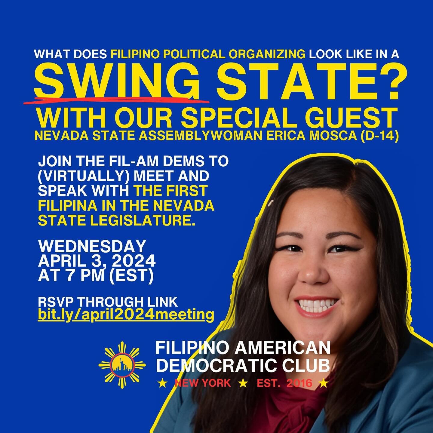 What does Filipino political organizing look like in a swing state? 🗳️ 

Come out and join our April general body meeting and hear from a ✨special✨ guest, Nevada&rsquo;s first Filipina Assemblywoman @ericamosca14. 

RSVP at bit.ly/april2024meeting t