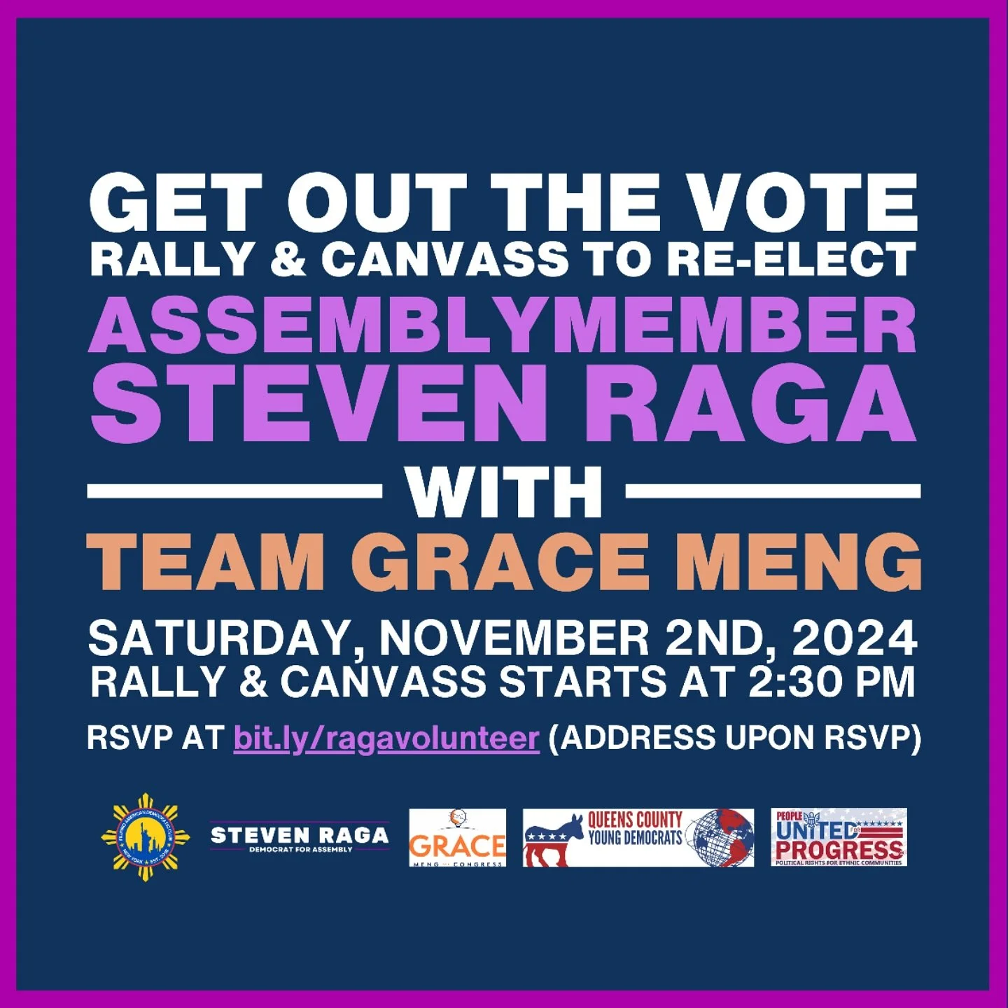 📢 ATTENTION FADCNY MEMBERS AND SUPPORTERS!

Join us and #TeamRaga this Saturday, November 2nd, for a critical rally and canvassing event to support the re-election of Assemblymember Steven Raga! We&rsquo;re teaming up with #TeamGraceMeng, @qcydny, @