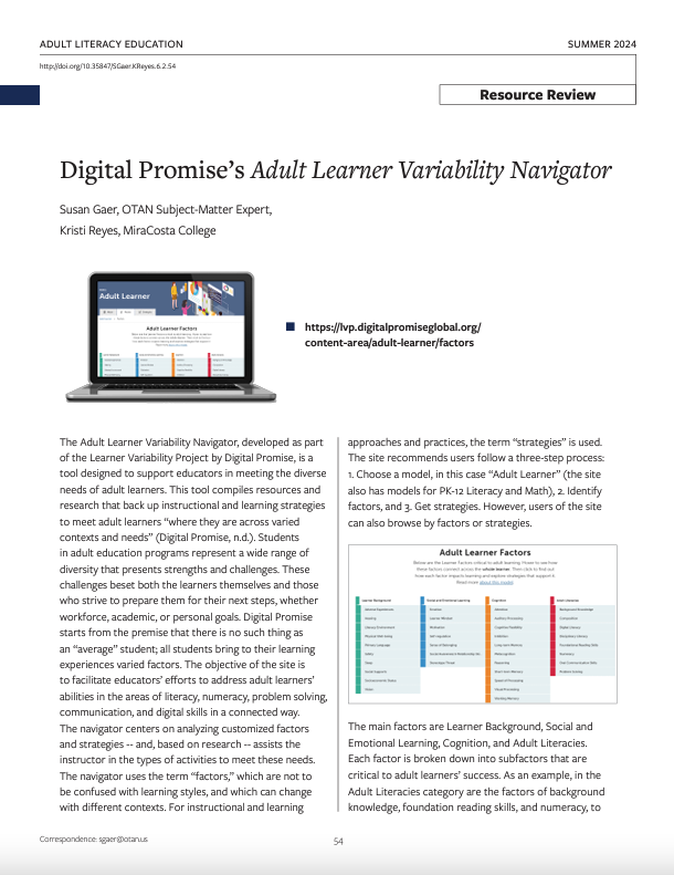 Digital Promise’s Adult Learner Variability Navigator 
