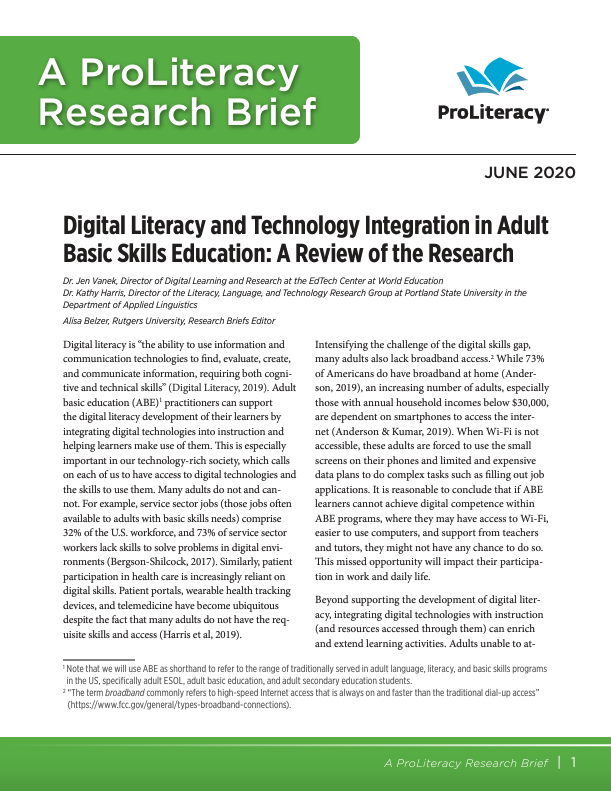 Digital Literacy and Technology Integration in Adult Basic Skills Education: A Review of the Research