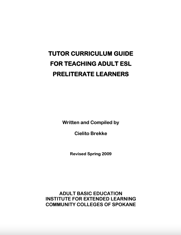 Tutor Curriculum Guide for Teaching Adult ESL Preliterate Learners