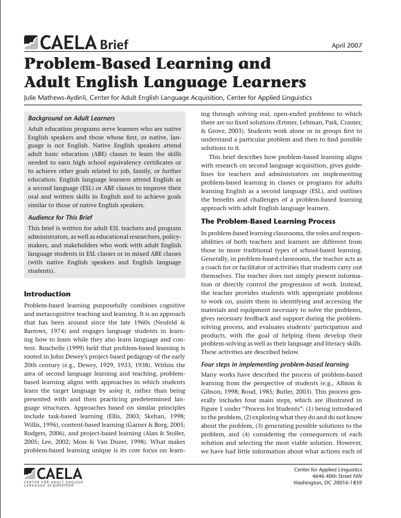 Problem-Based Learning and Adult English Language Learners