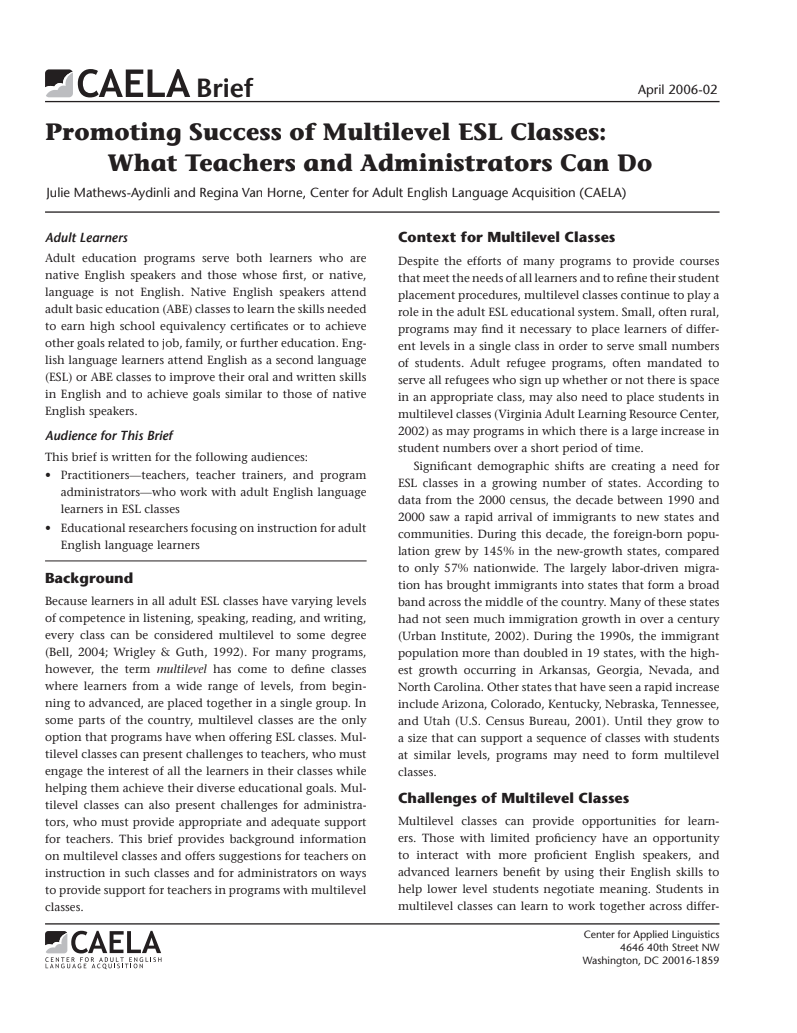 Promoting Success of Multilevel ESL Classes: What Teachers and Administrators Can Do