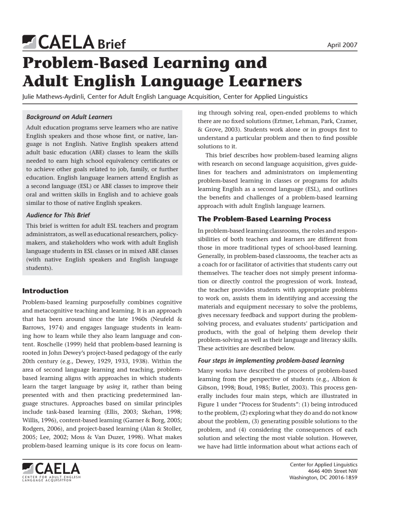 Problem-Based Learning and Adult English Language Learners