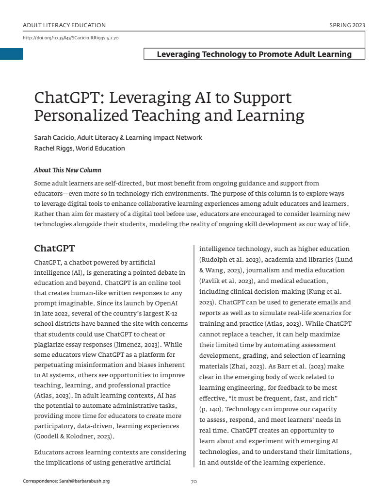 ChatGPT: Leveraging AI to Support Personalized Teaching and Learning