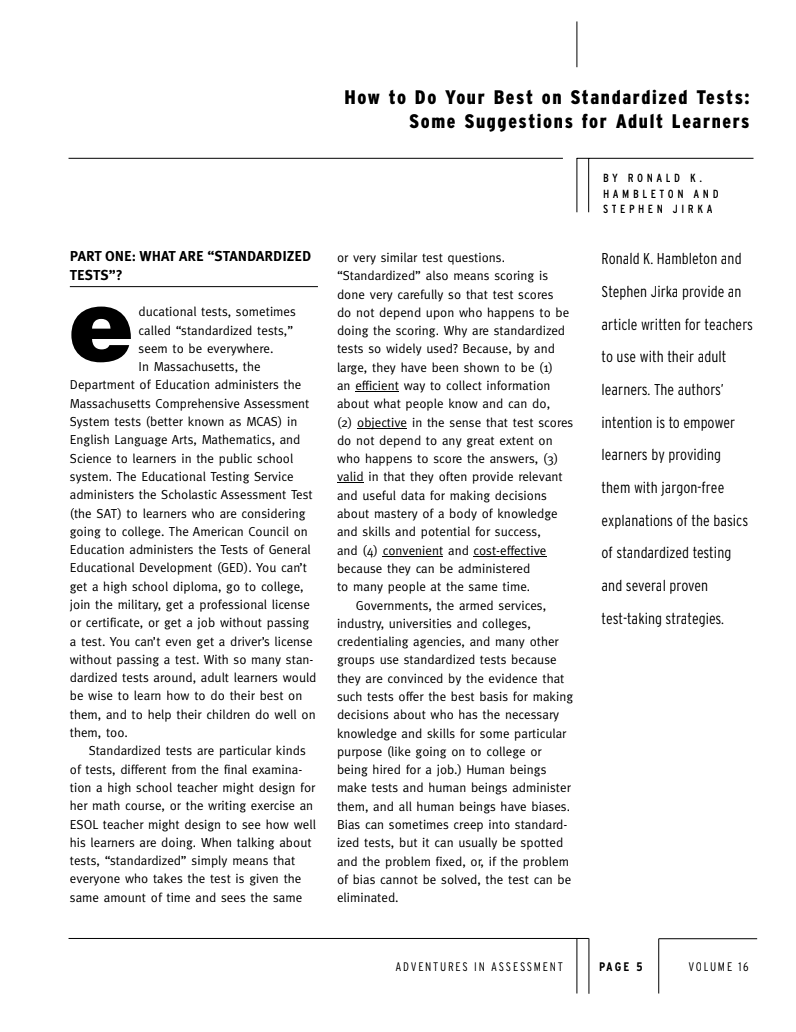 How to Do Your Best on Standardized Tests: Some Suggestions for Adult Learners