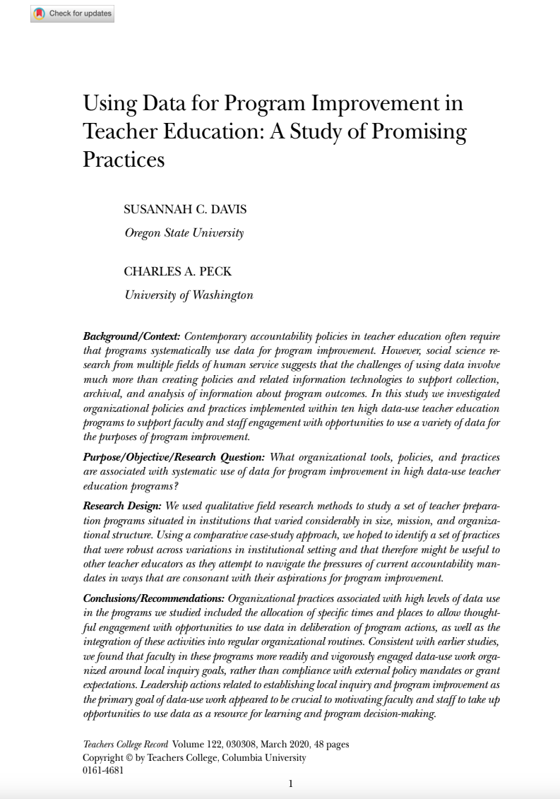 Using Data for Program Improvement in Teacher Education: A Study of Promising Practices
