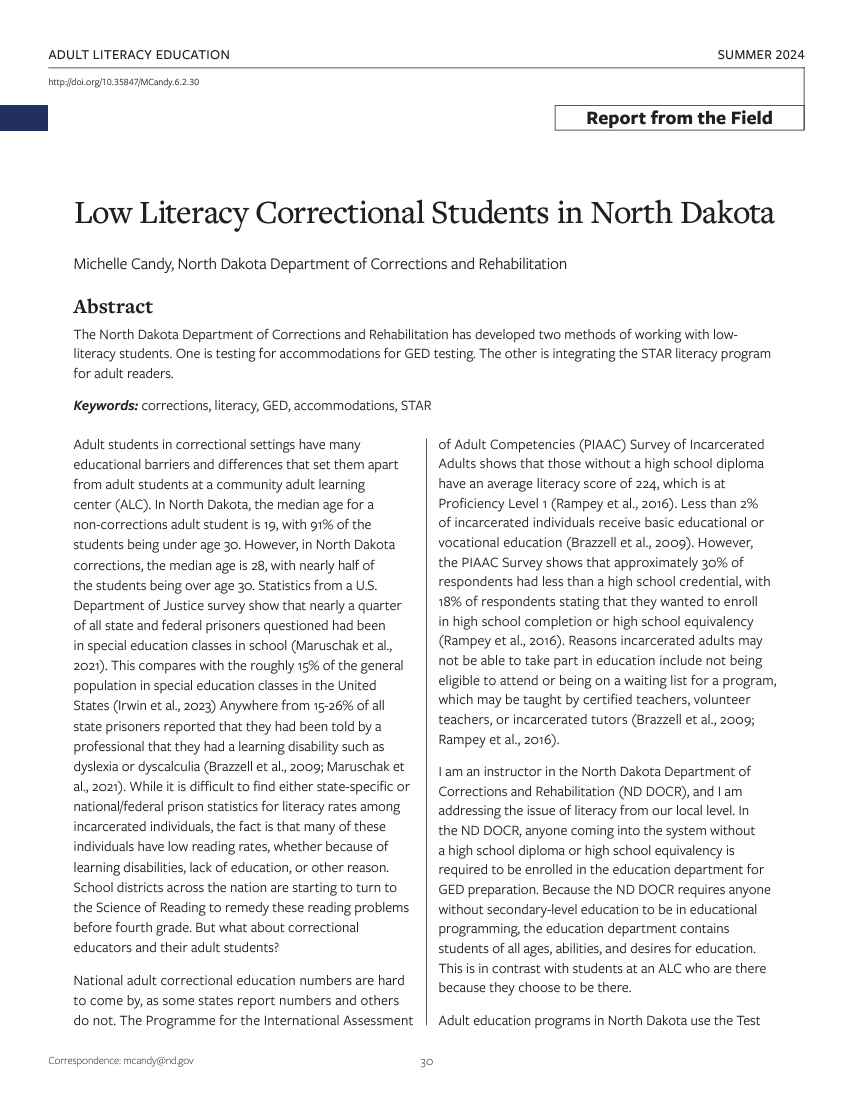 Low Literacy Correctional Students in North Dakota