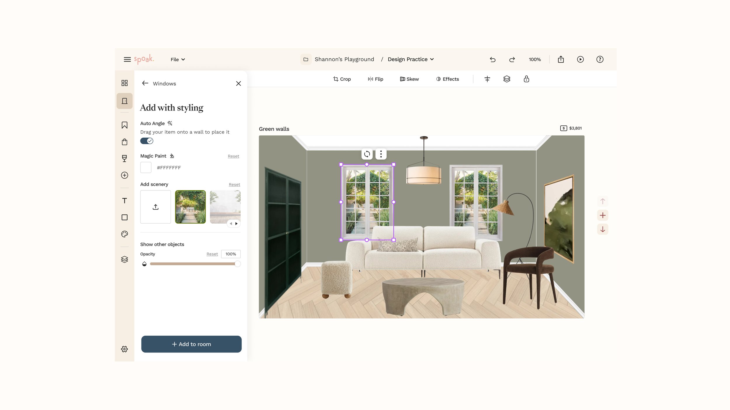 Magic features allow users to simplify complex actions in one sweep. Customize room items by adding scenery, changing trim color,  and automatically skewing them to fit the active wall.