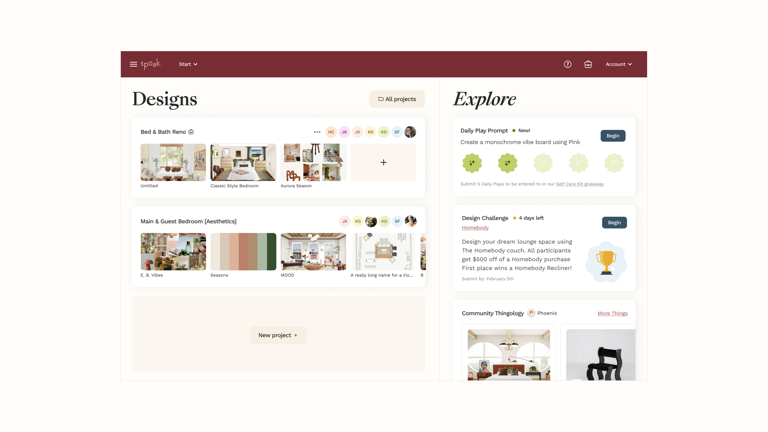 Homepage promoting clear navigation of a user's designs, and continually use of the visualization tool.