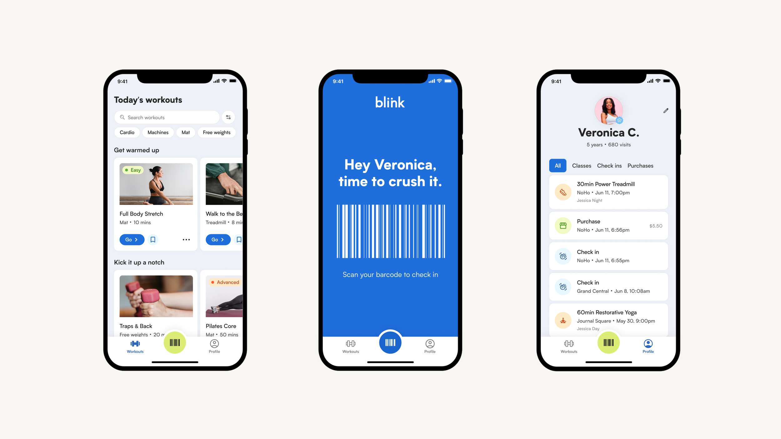The Check-in app allows members to seamlessly scan into the gym, keep track of their visits, and tailor their experience