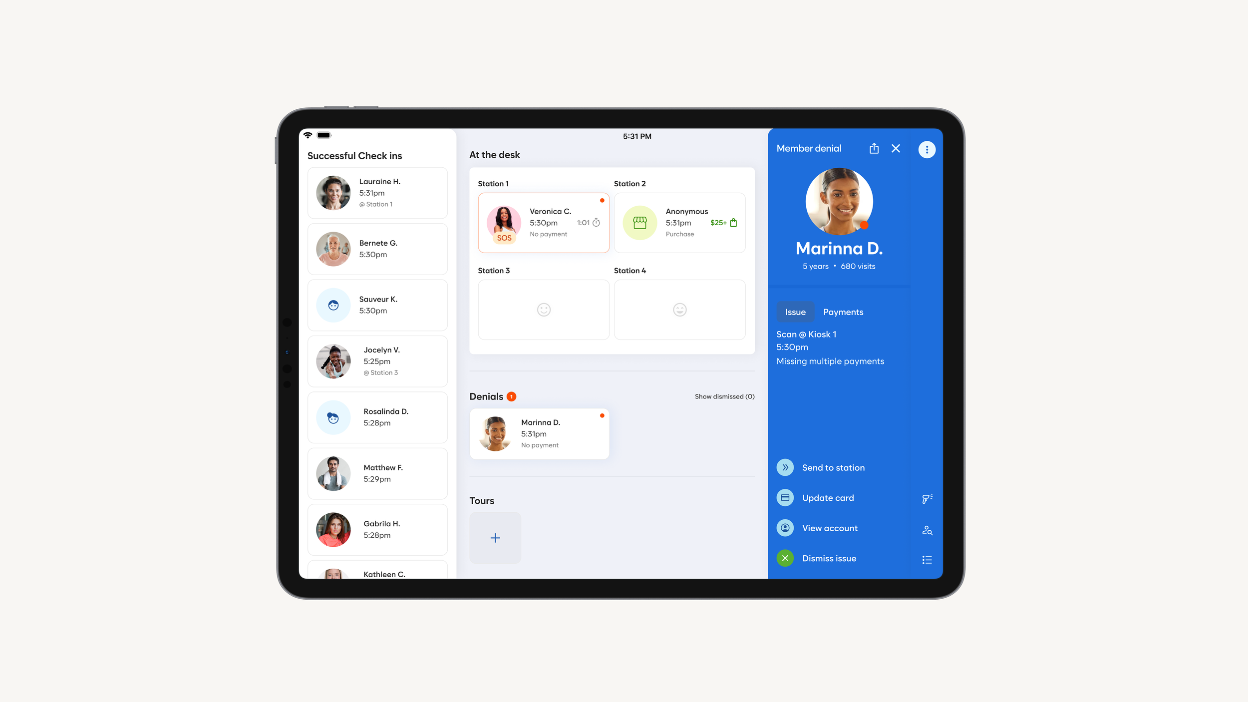 Layout, color, iconography, and sound was also used on the staff device to help them prioritize issues, and still simultaneously have "eyes everywhere".