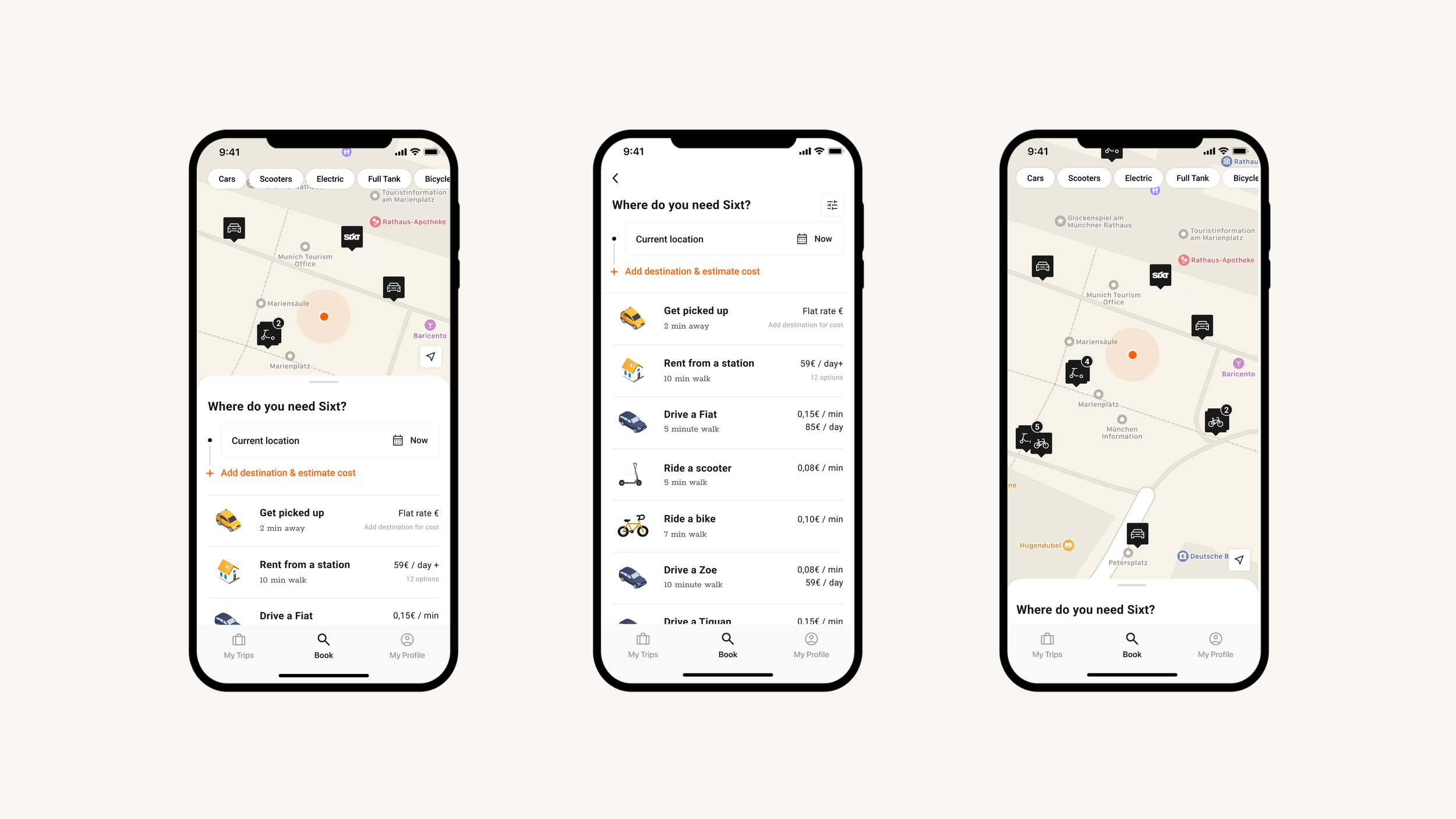 Interaction paradigms allow user to easily use the map find what is closest to them, or browse everything nearby. This allows them to chose a service based on what matters most to them.