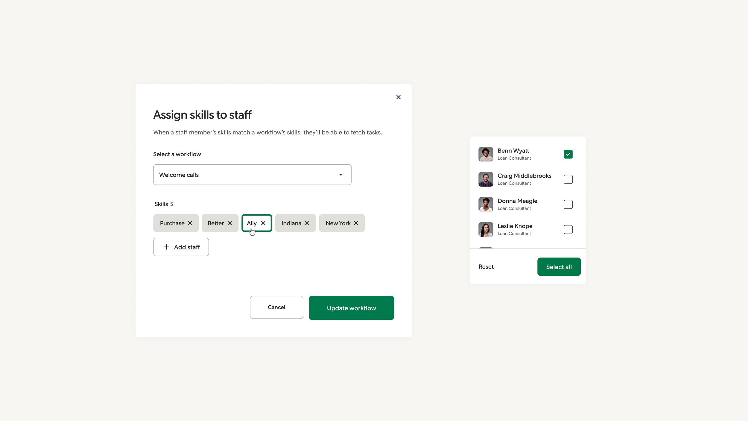 Interface for managers to assign skills to their teams.