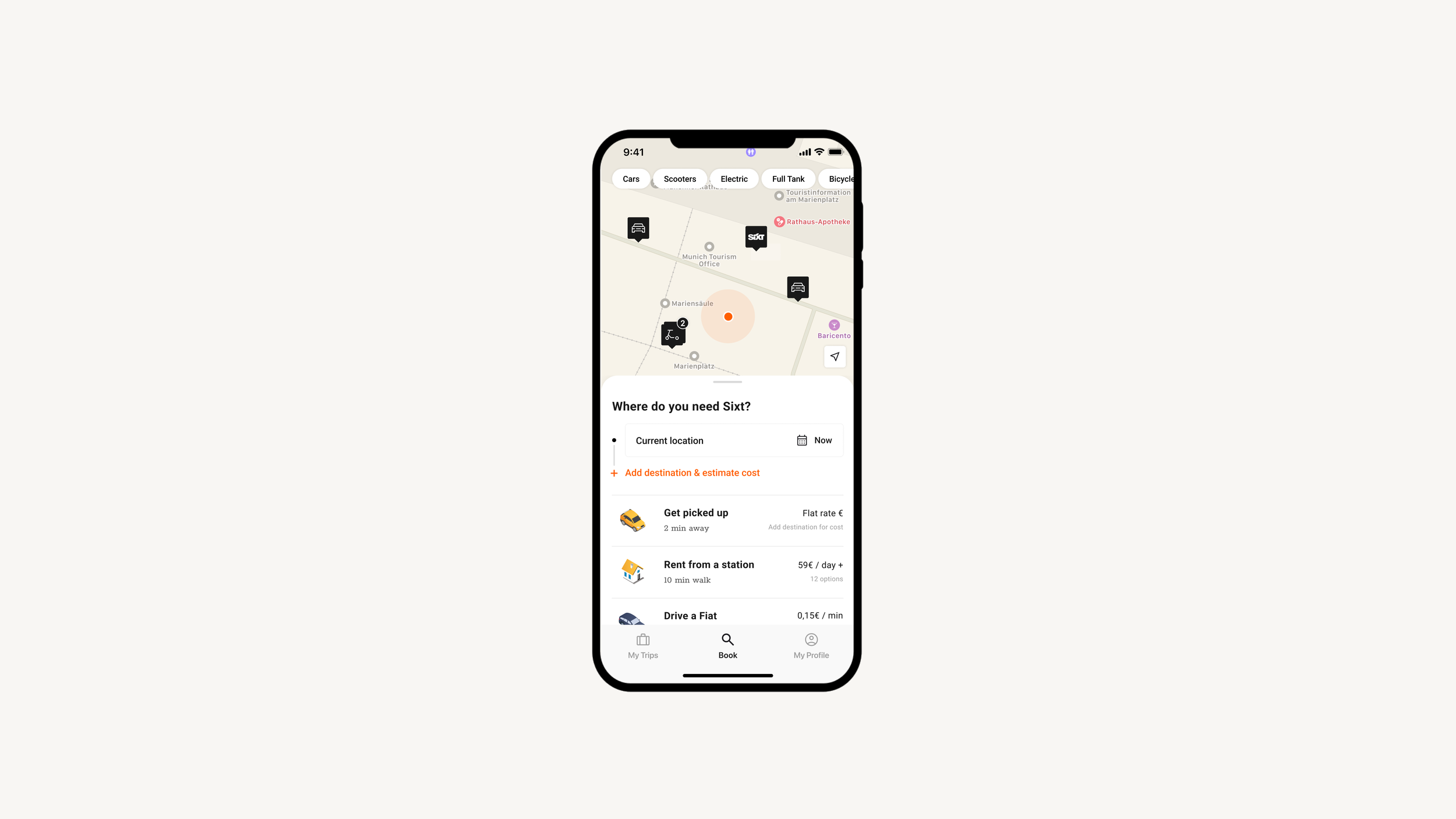 The home screen prioritizes a balance of on-demand, nearby services, with Sixt's core car rental offering. The list helps users make decisions by providing time and costs estimates.