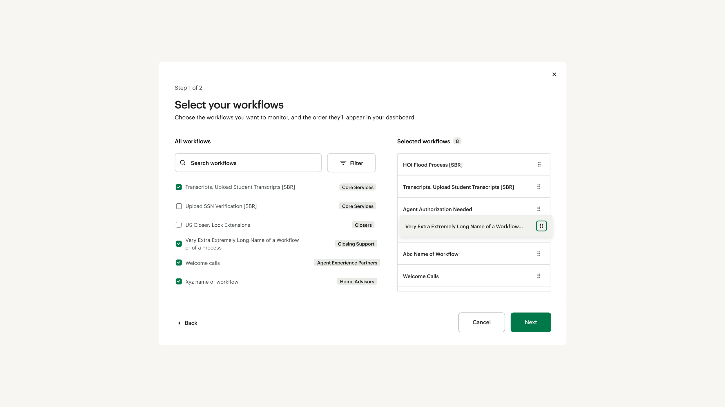 Users can select which workflows to display in the dashboard