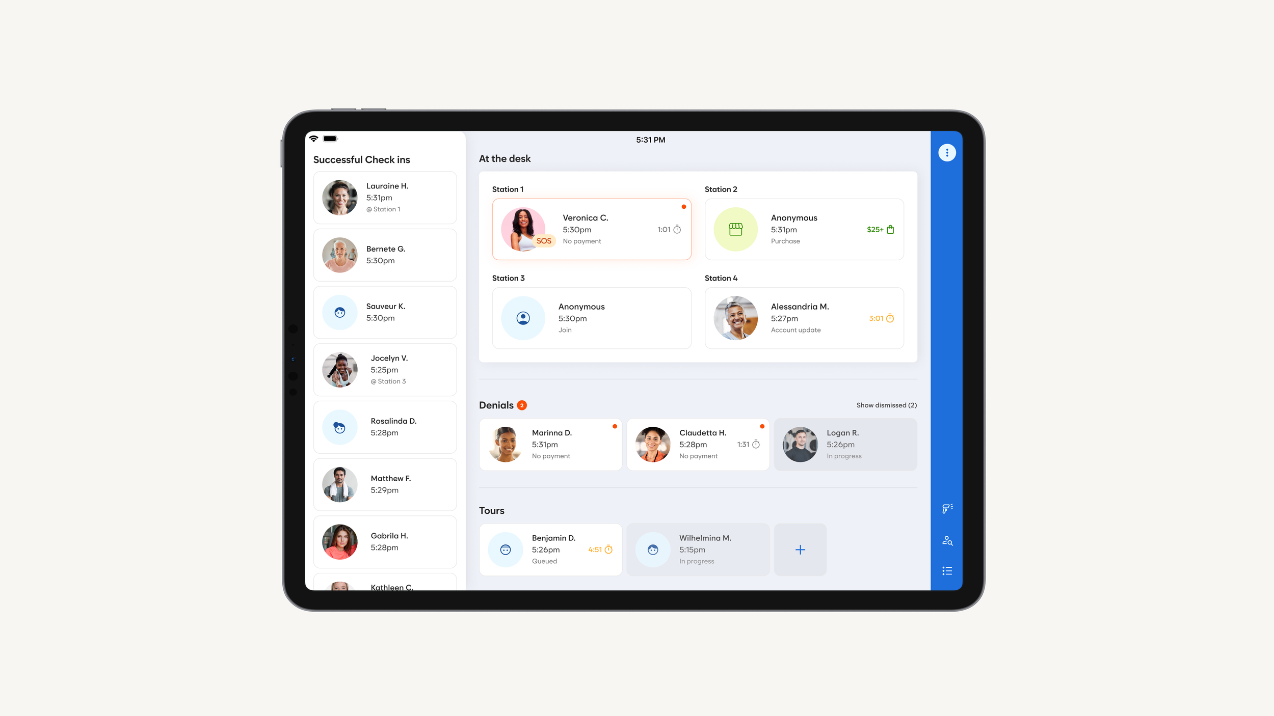 The employee device can monitor check-in, handoff member sessions to self-service, and assist with critical tasks - all while having the ability to move around.