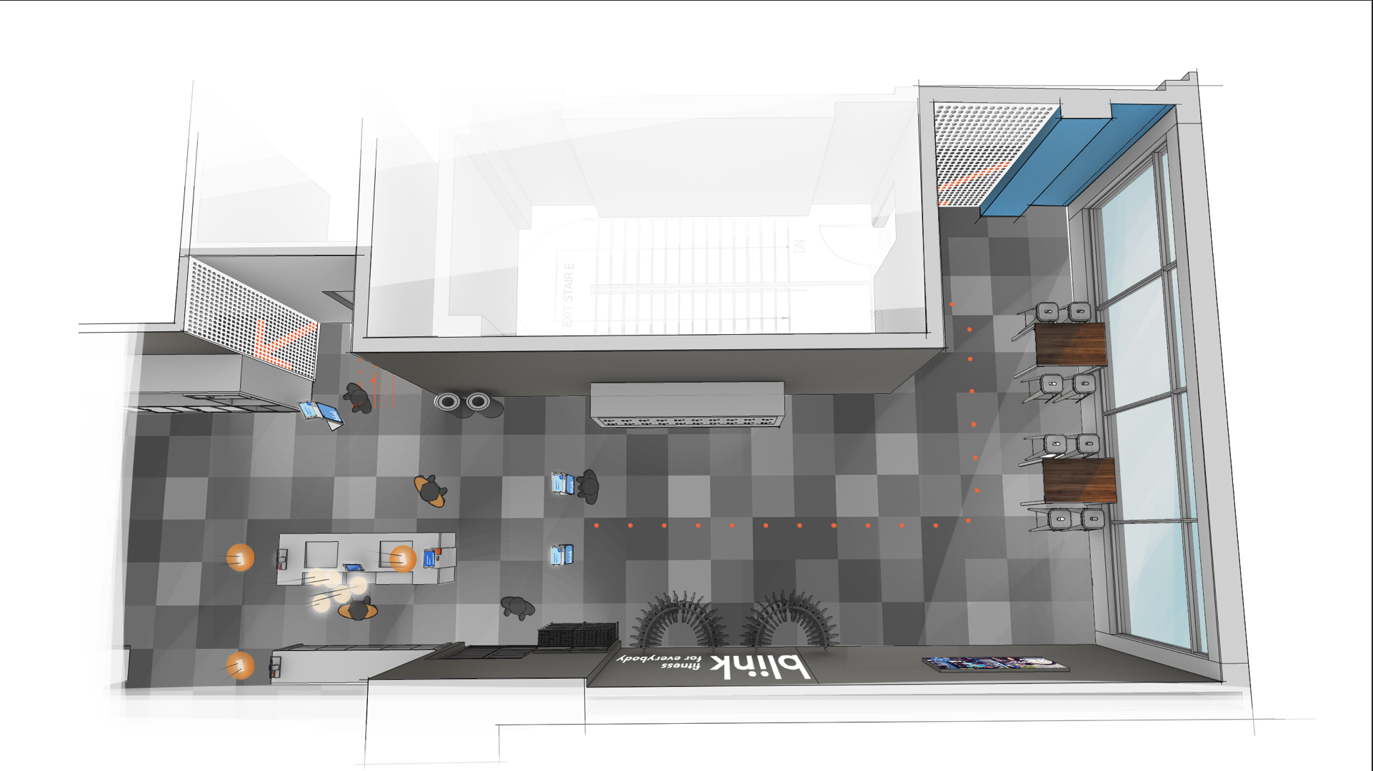 Entry spacial plan. Moving check-in away from the desk reduces lines and allows employees to have focused interactions with members for higher touch moments.