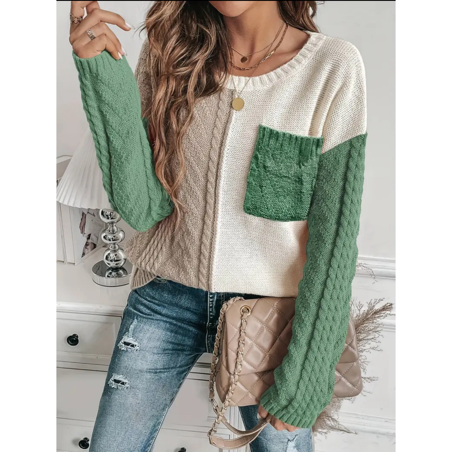 Vineyard Green Color Block Patched Pocket Dropped Shoulder Sweater