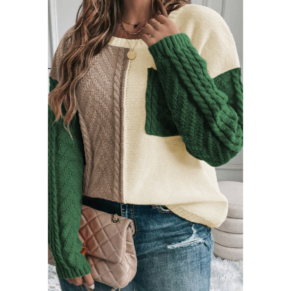 Green Color Block Patched Pocket Dropped Shoulder Sweater