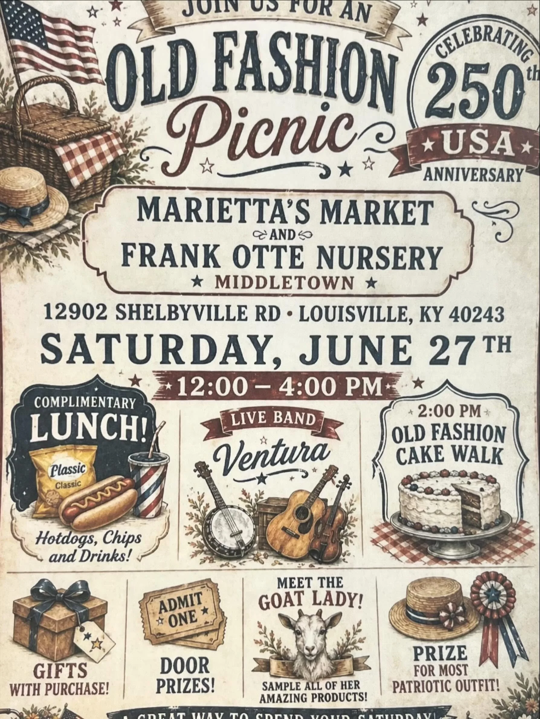 🇺🇸 Join Us for an Old-Fashioned Picnic! 🇺🇸
Frank Otte Nursery and Marietta&rsquo;s Market invite you to celebrate America&rsquo;s 250th Birthday with a classic old-fashioned picnic!
Gather with family, friends, and neighbors for a day of communit