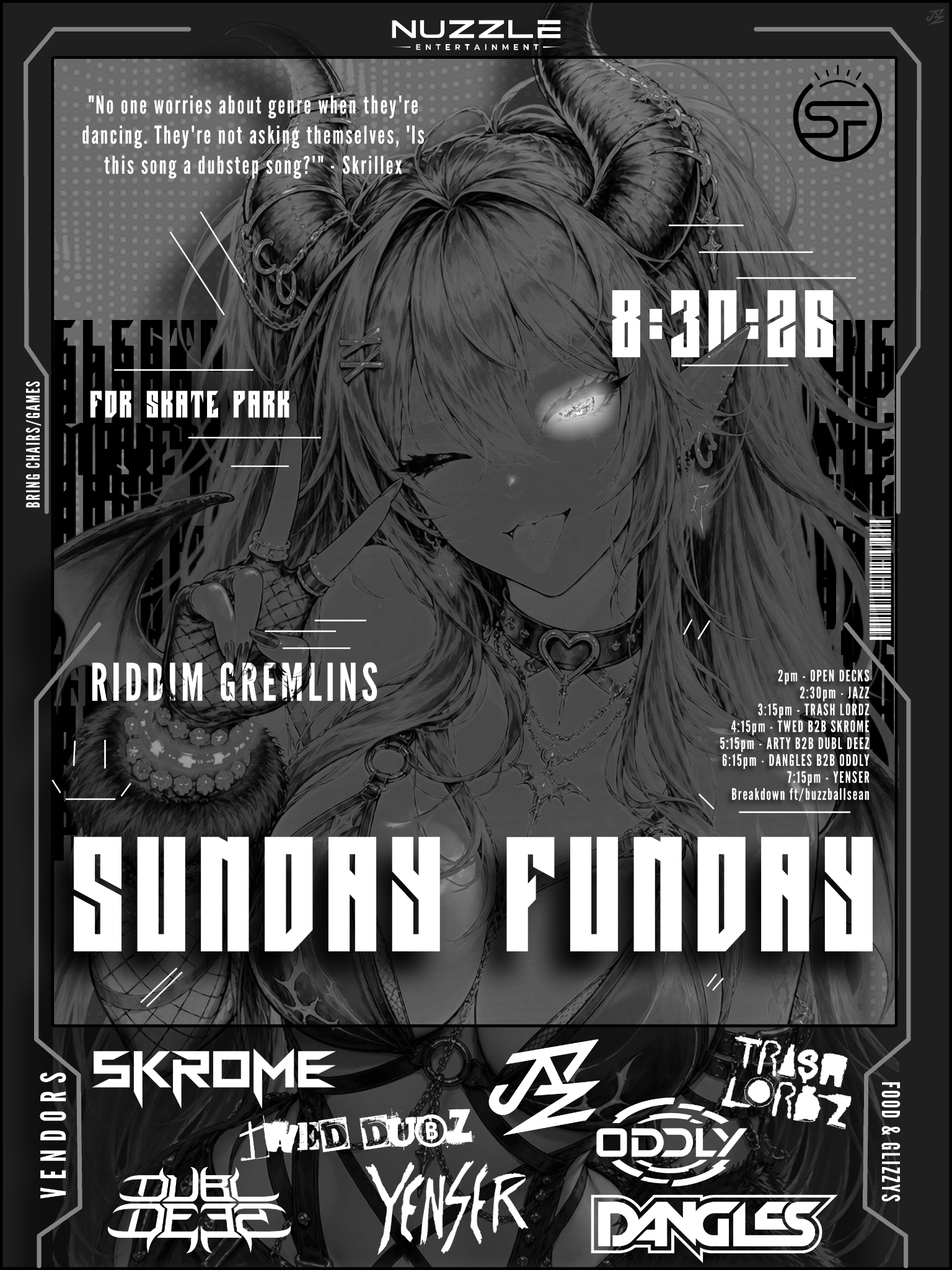 Event digital poster featuring a black and white illustration of a girl with devil horns, sharp nails, and gothic attire, promoting a music event at Sunda Funhouse on Sunday, June 4th, with lineup including Skr0me, Skrome, JZ, TR!S@ LOG0Z, Wed Dubz, Yenser, and Dangles, with schedule details and quotes about dance and genre.