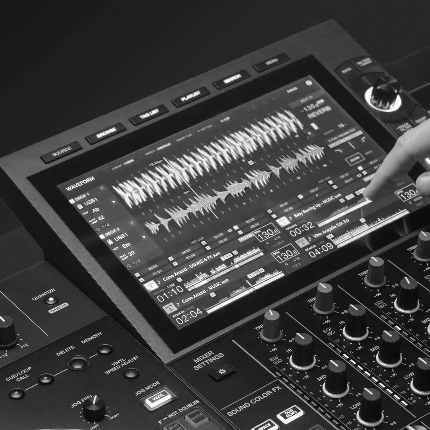 Black and white photo of a DJ controller and mixer with a touchscreen display showing a digital waveform, controls, and sound settings.