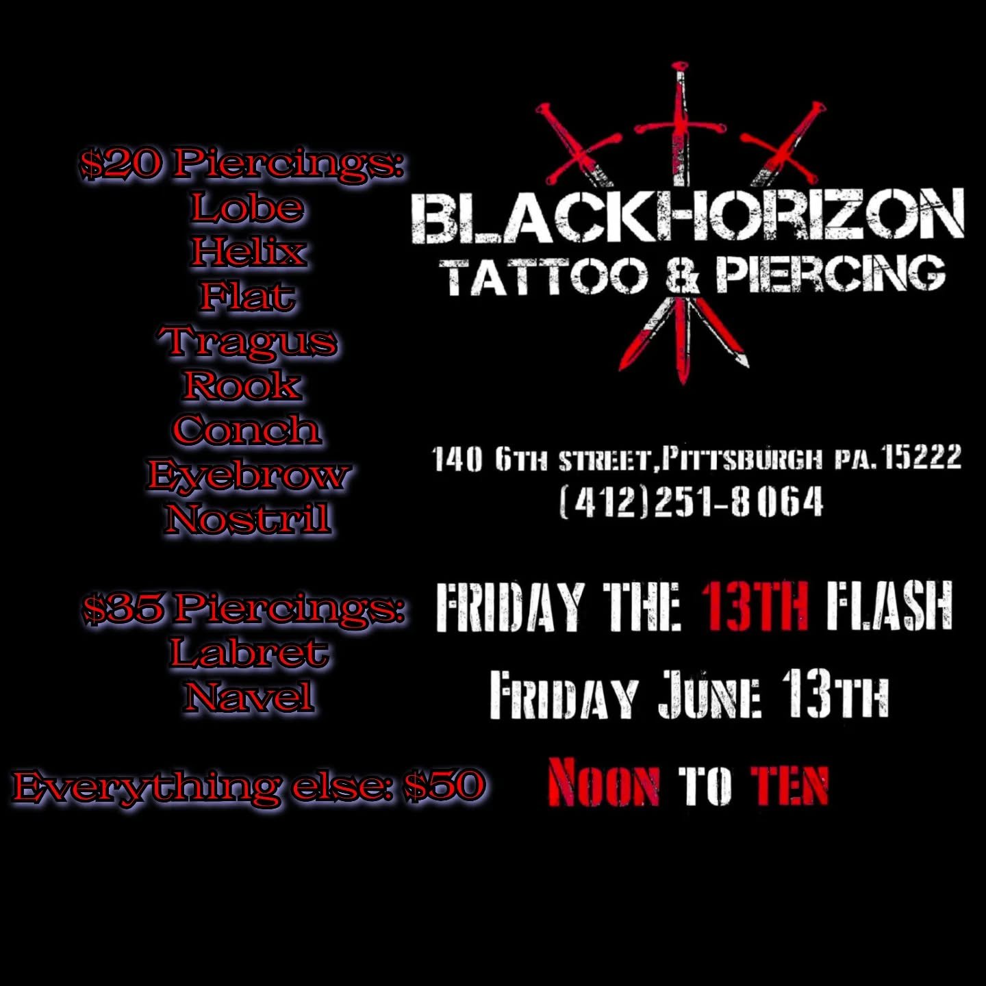 Here's what I'm running for Friday 13th. Come see me, bring Red Bull and be kind💜💕🗡️🌸🩷

(NO CHEEK PIERCINGS ON SPECIAL)

@blackhorizontattoo 
140 6th Street
Downtown PGH
15222

#pghjewelry #earcurationpittsburgh #pghpiercingstudio #downtownpitts