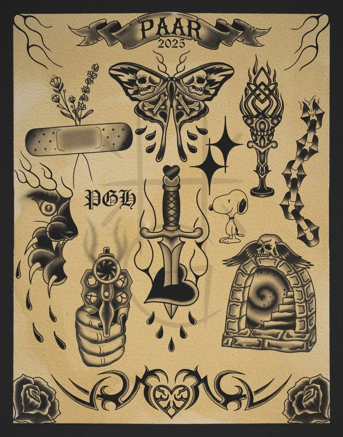 My flash sheet for @paar.pgh @inkforimpact event on October 5th at @velumfermentation ! All of the bigger designs will be $150 and the smaller filler stuff (PGH, Snoopy, sparkles, flames) will be $75. No modifications to the designs. This is a first