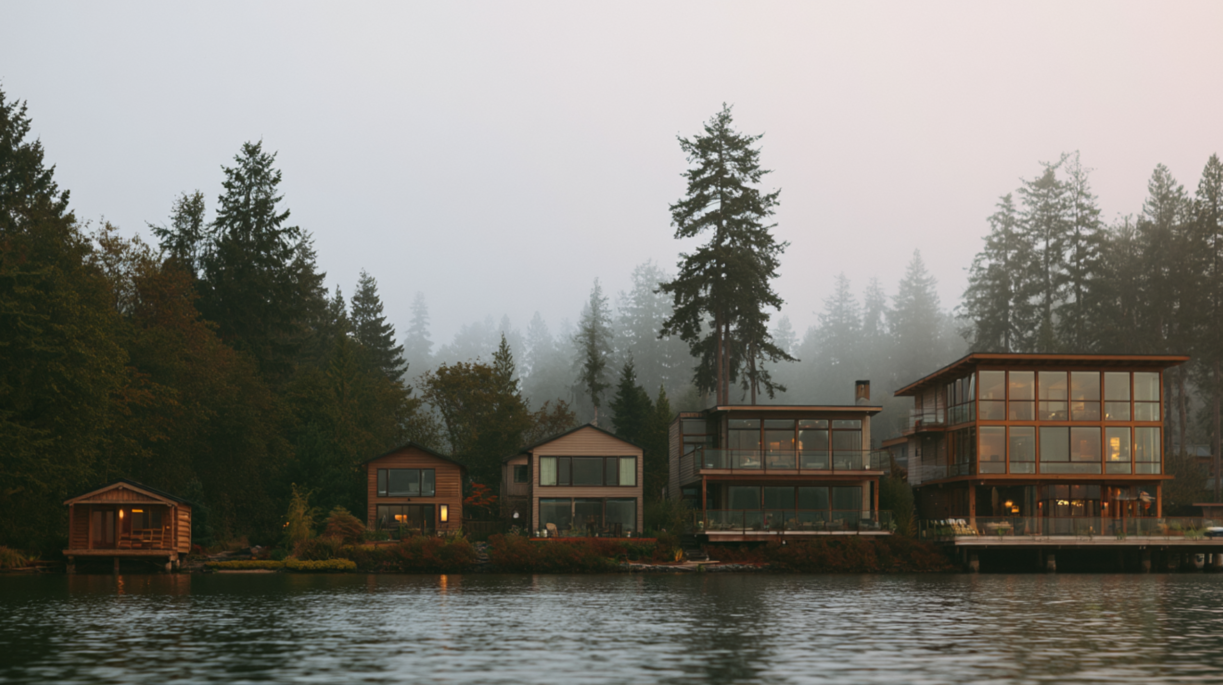 Row of Pacific Northwest lakefront vacation rentals, sized from a small cabin to a large luxury lake house.