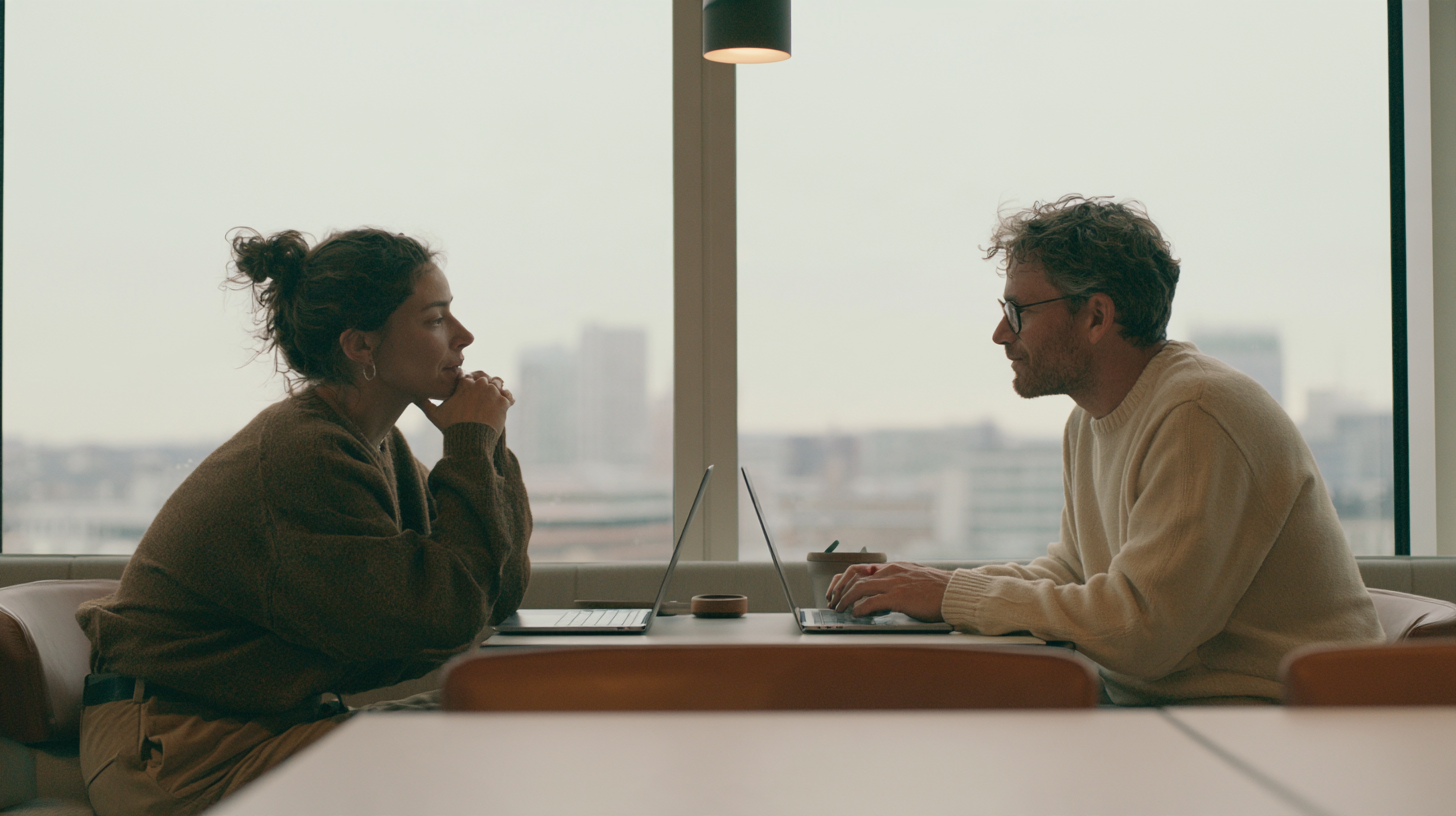 Two colleagues seated across a table with laptops, in conversation by a window