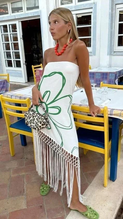 Fringed Dress and Red Coral Necklace