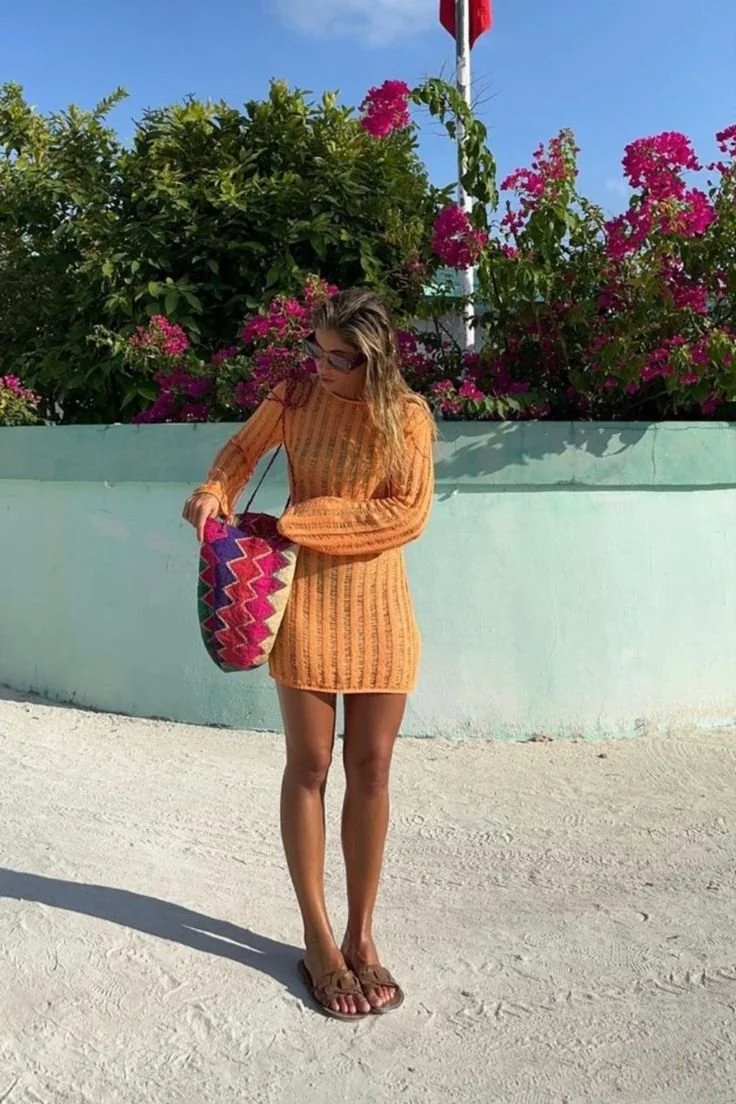 Orange Knit Mini Dress and Woven Tote Beach Look Cefalu