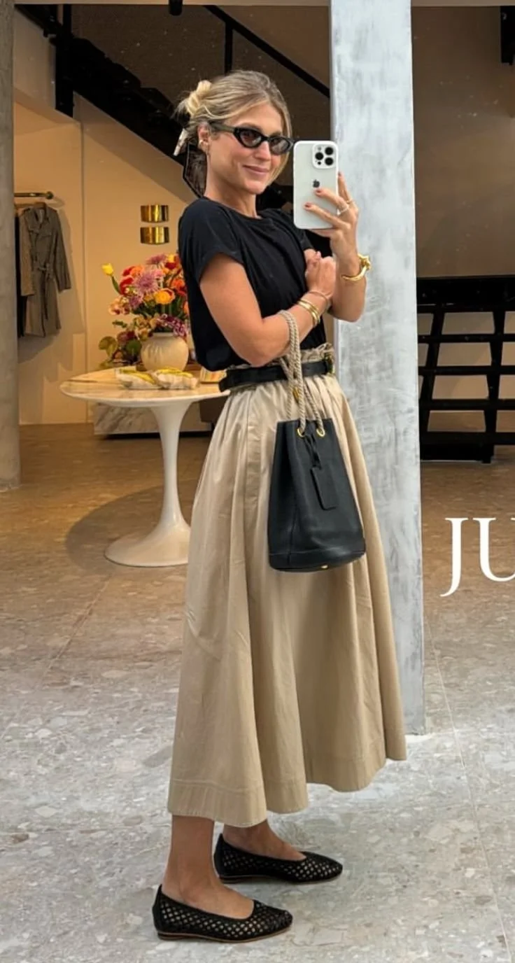 Black Tee, Midi Skirt &amp; Mesh Flats