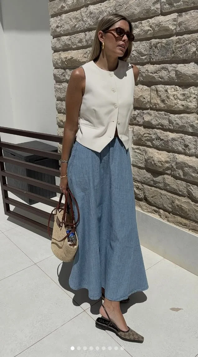 Cropped Vest &amp; Chambray Skirt with Lightweight Flats