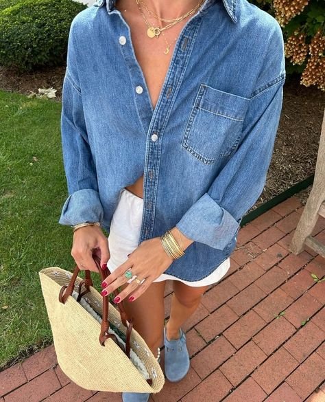Oversized Denim Shirt &amp; White Shorts