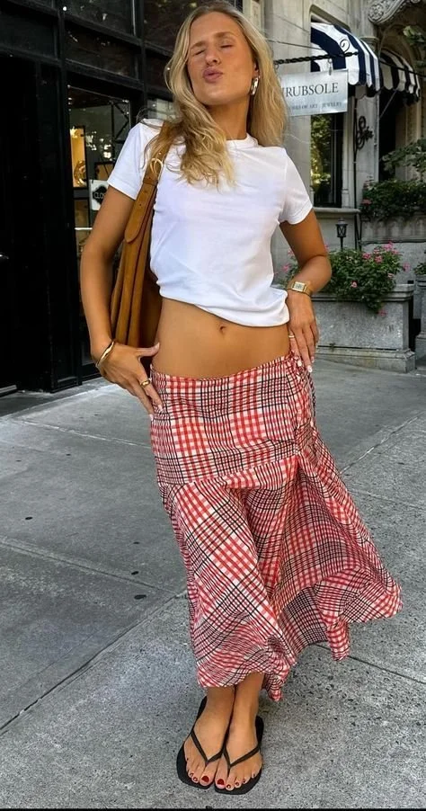 Red Plaid Skirt &amp; Cropped White Tee