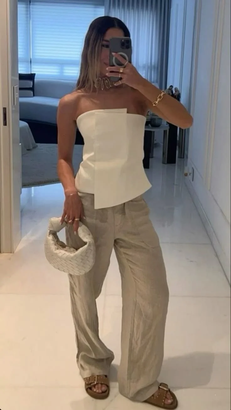 Strapless Origami Top &amp; Neutral Trousers