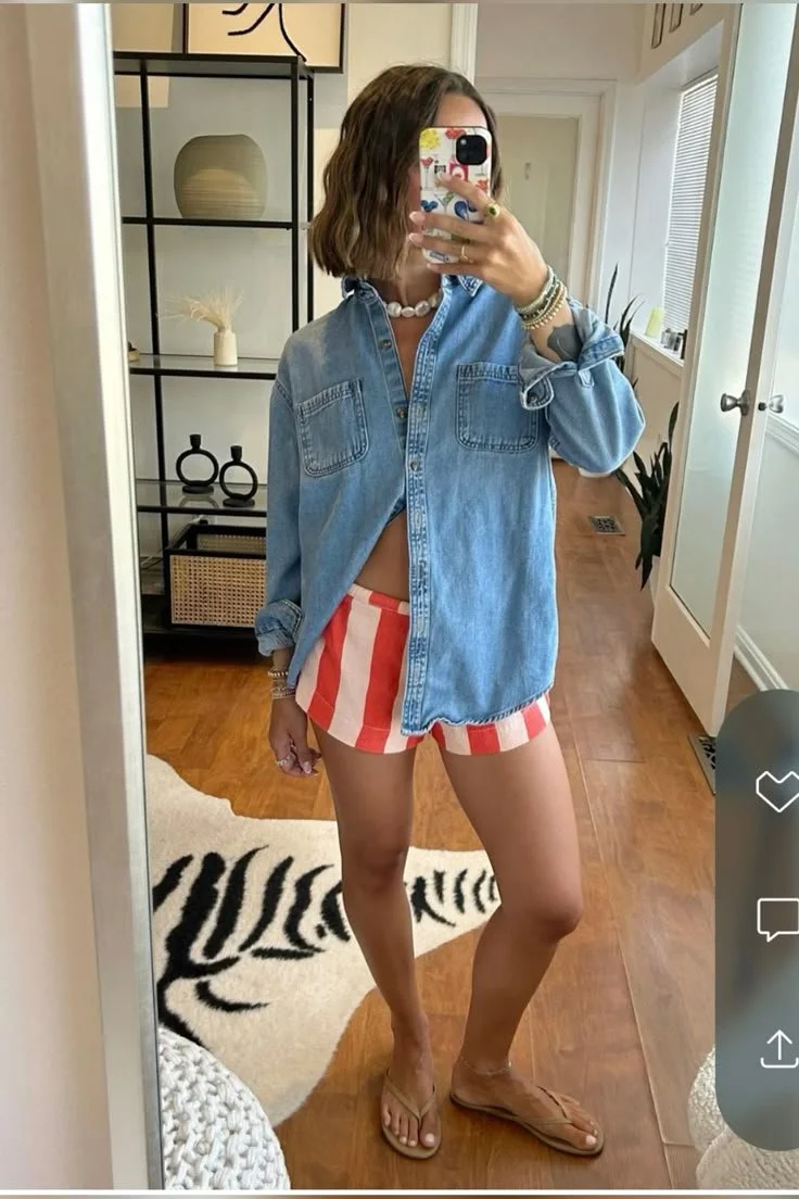 Striped Shorts &amp; Unbuttoned Denim Shirt