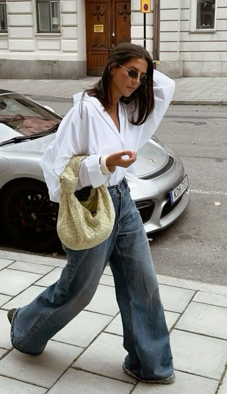 Neutral Woven Bag &amp; Wide-Leg Jeans