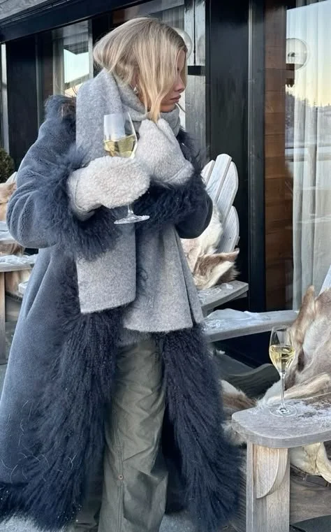 Après-Ski Glamour in a Gray Fur Trim Coat