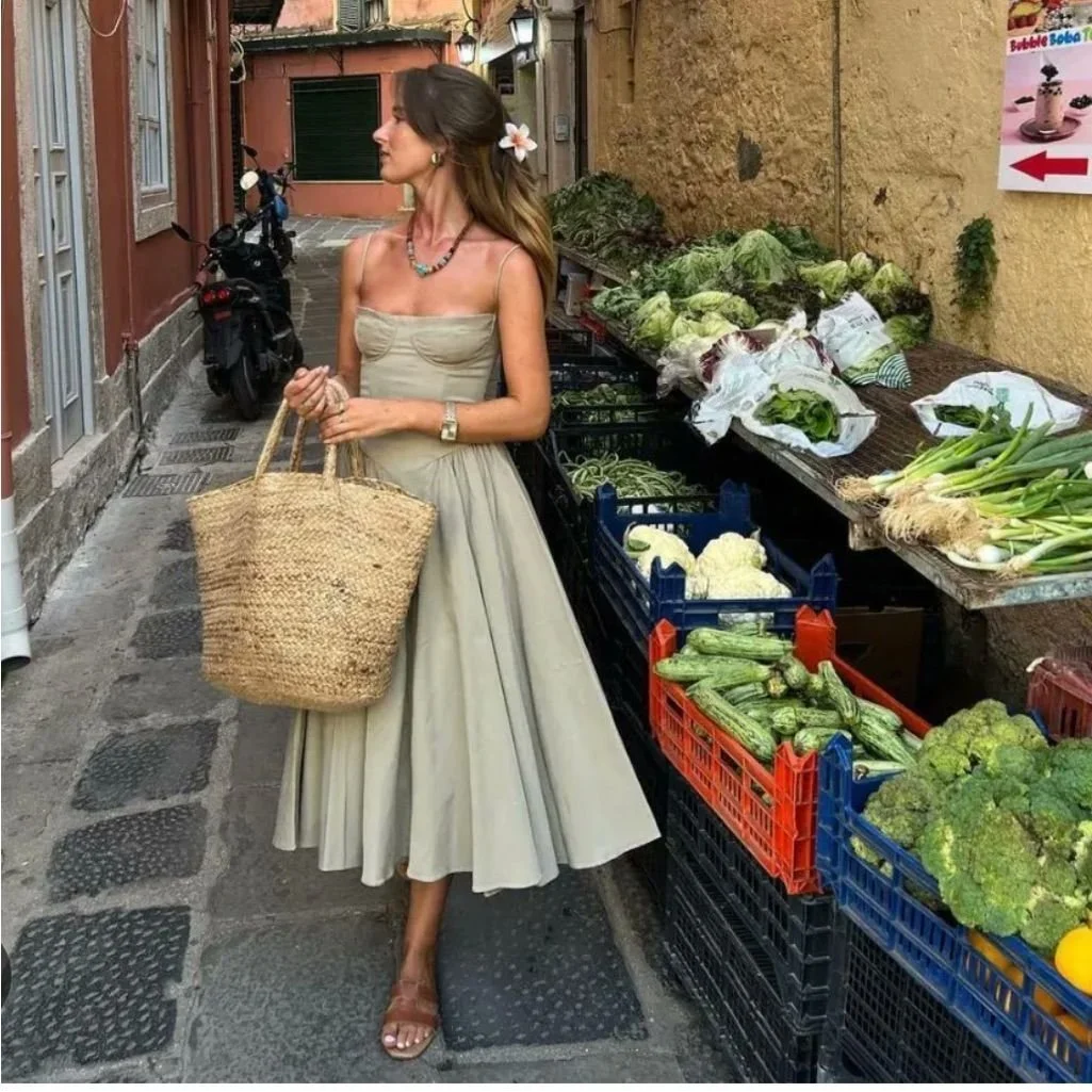 Corset Linen Midi Dress for Market Days in Athens