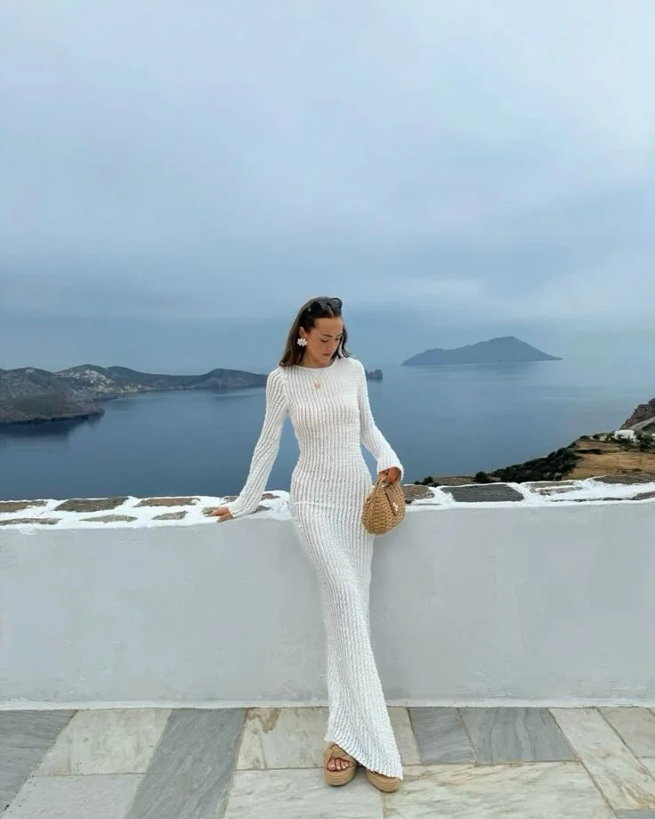 Elegant Knit Dress with Caldera Views – Milos Sunset Look