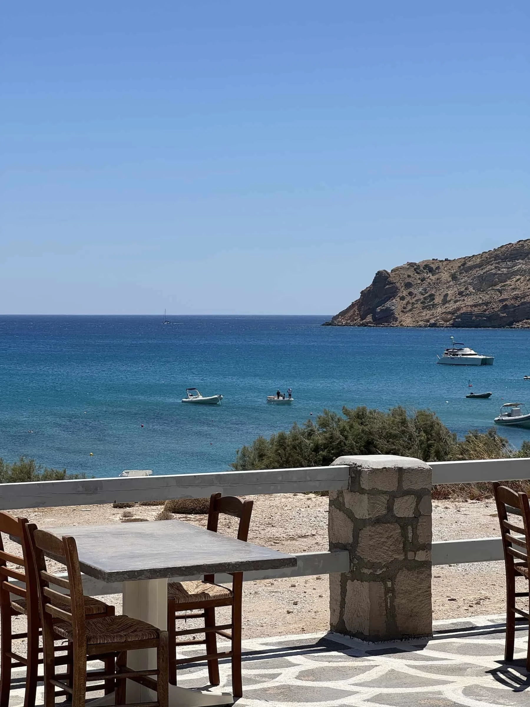 Boats Floating off Muses Restaurant at Provatas Beach, Milos