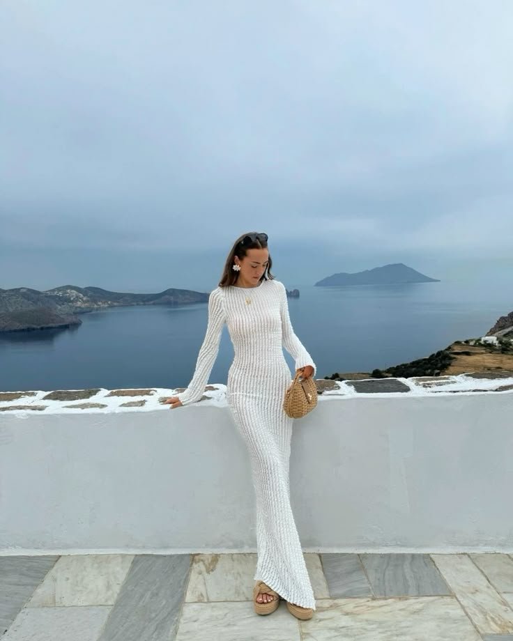 Elegant Knit Dress with Caldera Views – Milos Sunset Look