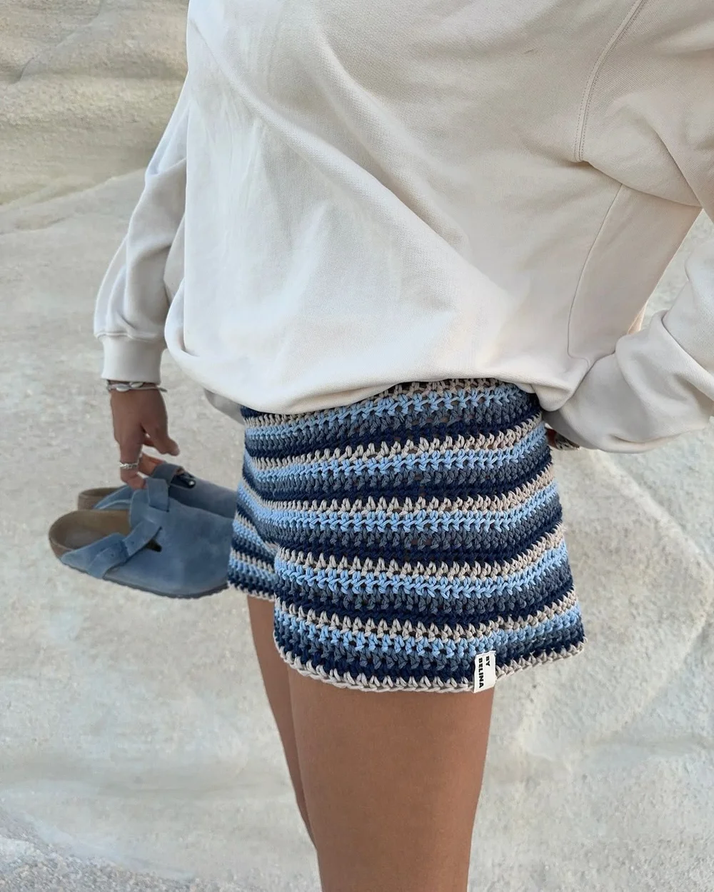 Striped Crochet Shorts &amp; Oversized Crew – Coastal Comfort in Milos