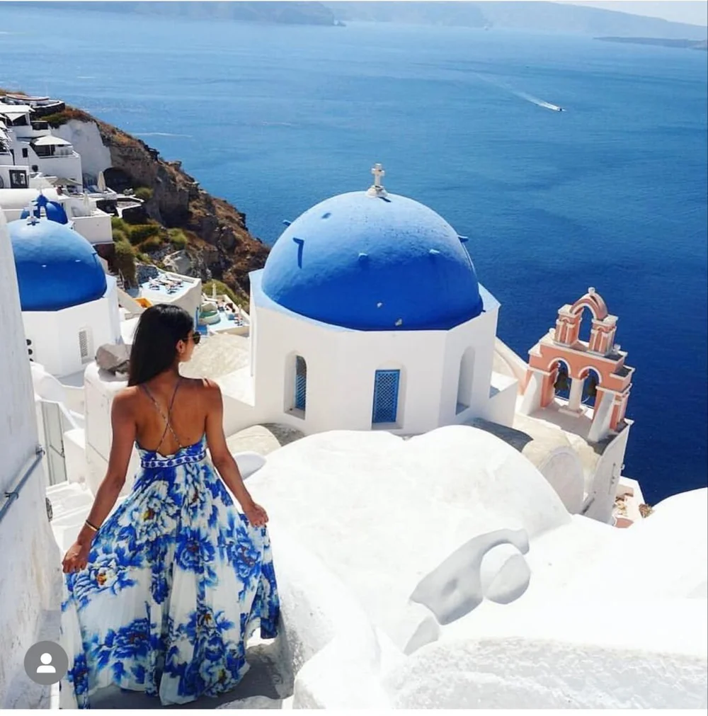 Blue Floral Maxi Overlooking the Caldera in Oia